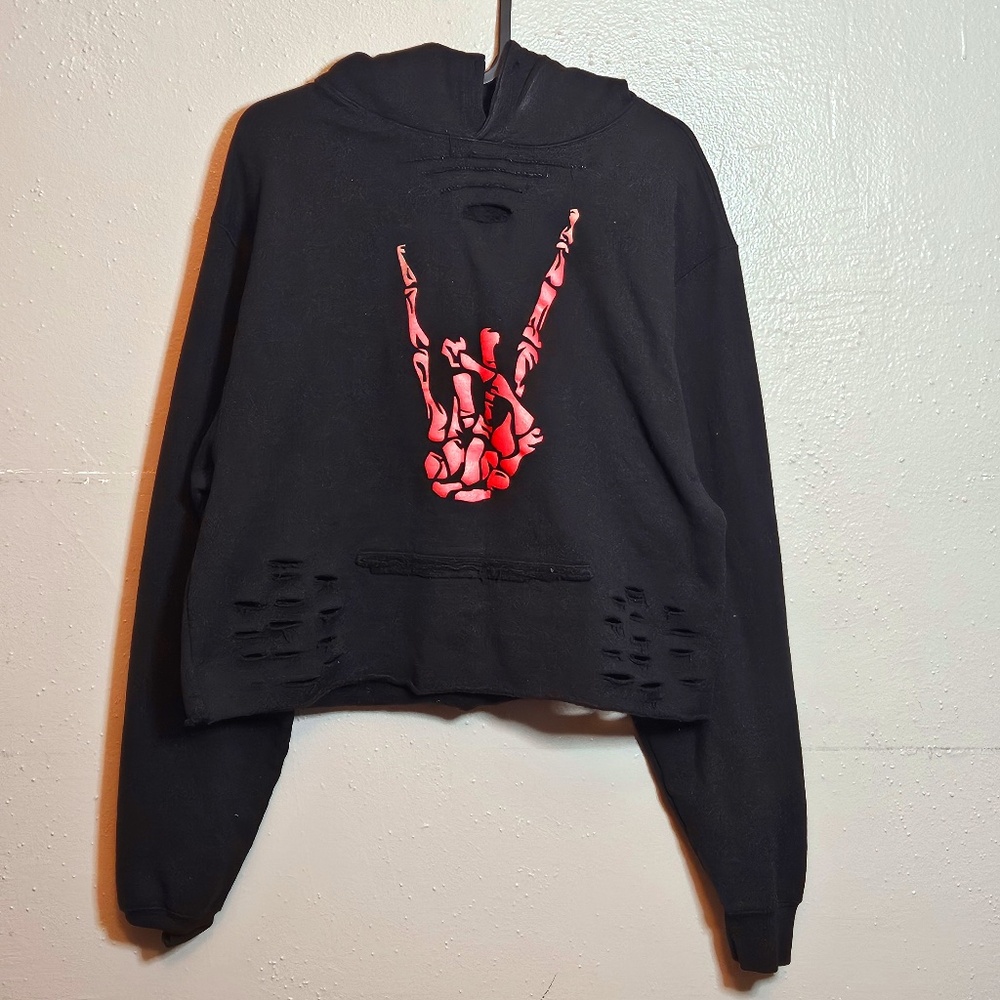 Distressed Black Cropped Hoodie with Skeleton